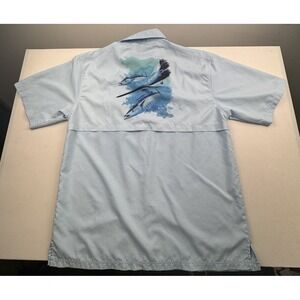 Guy Harvey AFTCO Mens Size L‎ Marlin Short Sleeve Button Down Blue *Stain*
